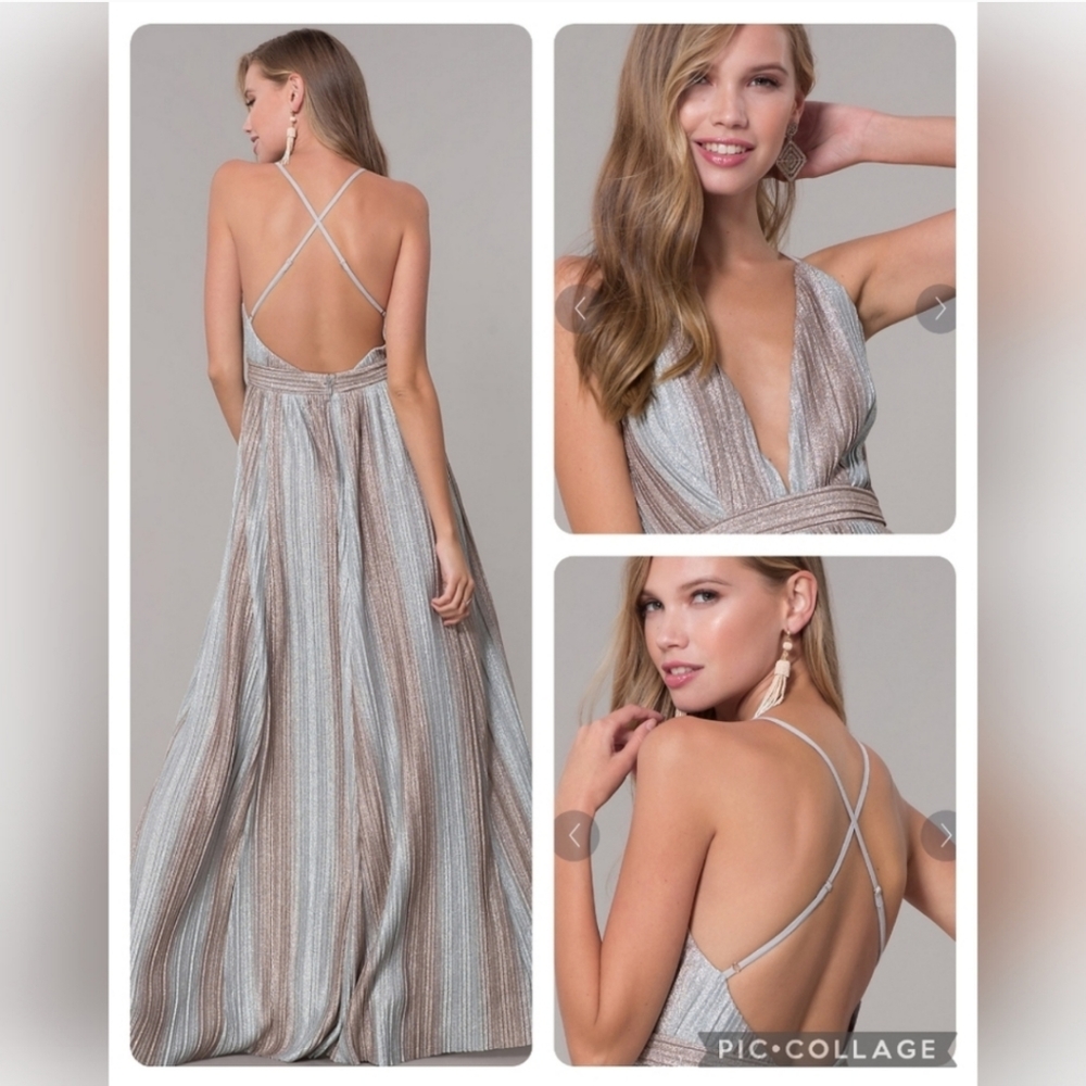Shimmery Pleated V-Neck Adjustable Cami Straps Long Dress Size Small 2, 4